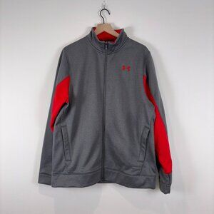 Under Armour Men's Jacket Large Full Zip Grey Red Loose Fit Fleece 1248905 NWT